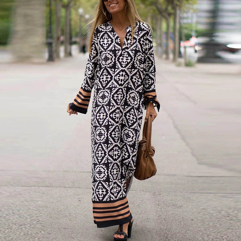 Women Casual Boho Style Geometry Stripe Print Long Sleeve V Neck Maxi Dress