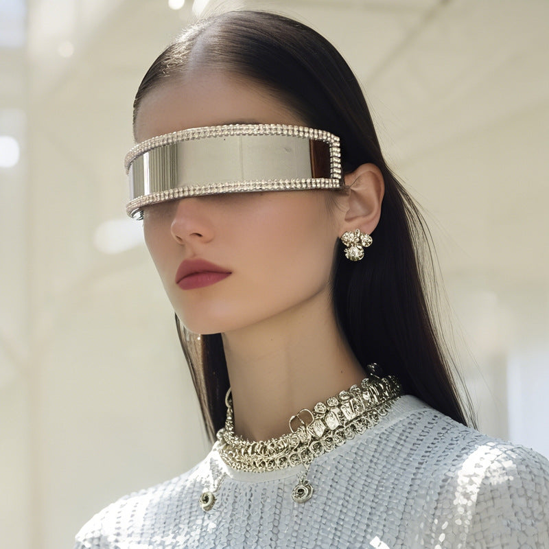 Gafas de sol unisex sin bordes con ribete de diamantes de imitación estilo punk de moda futurista