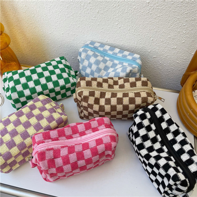 Bolsa de cosméticos de punto con cuadros coreanos en colores contrastantes