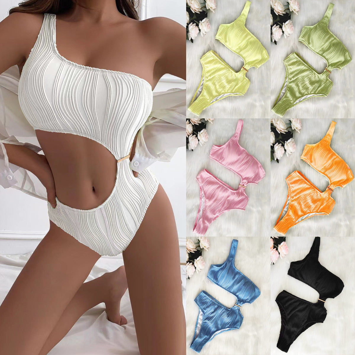 Traje de baño sexy de un solo hombro con huecos de color sólido para mujer