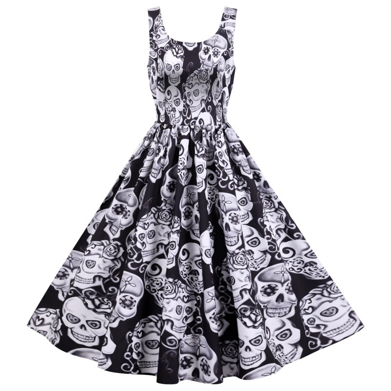 Women Casual Halloween Skull Print Sleeveless Dress