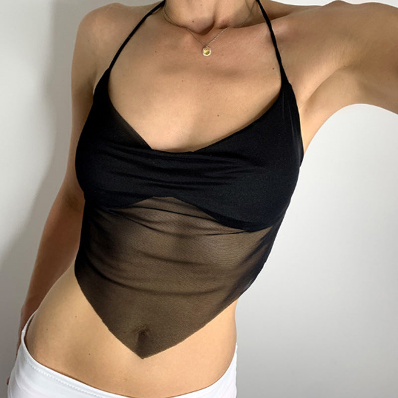 Women Fashion Sexy Pleated Mesh Halter-Neck Camisole