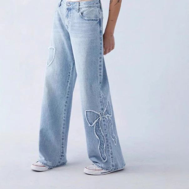 Women Fashion Embroidered Side Edge Butterfly Loose Jeans