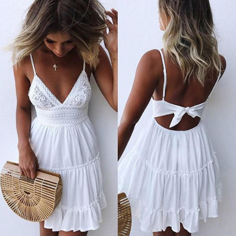 Women Bohemian Sexy Summer Lace Patchwork V Neck Dress