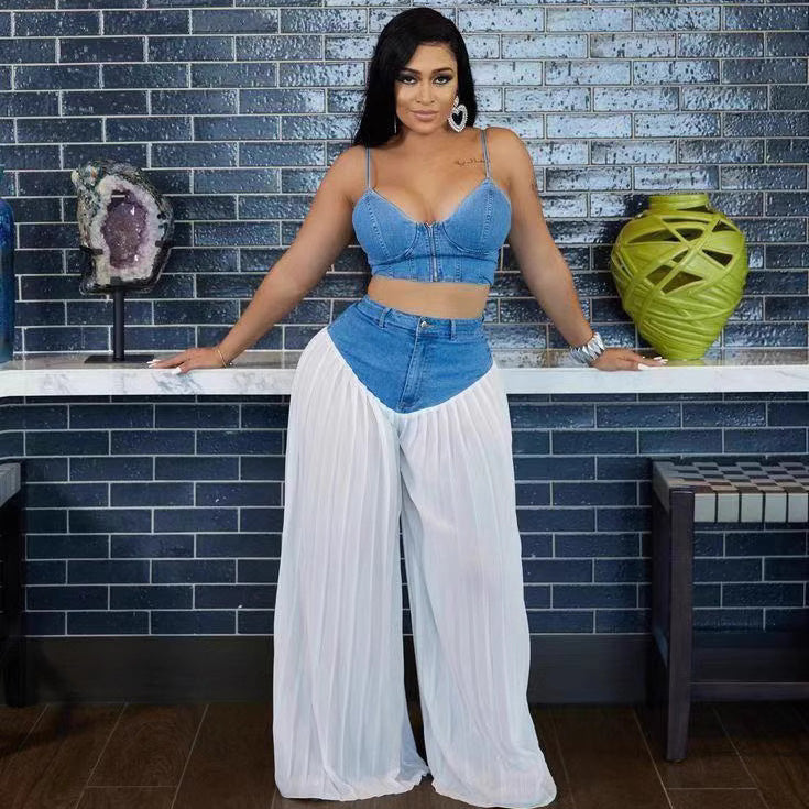 Women Fashion Sexy V-Neck Camisole Denim Chiffon Set