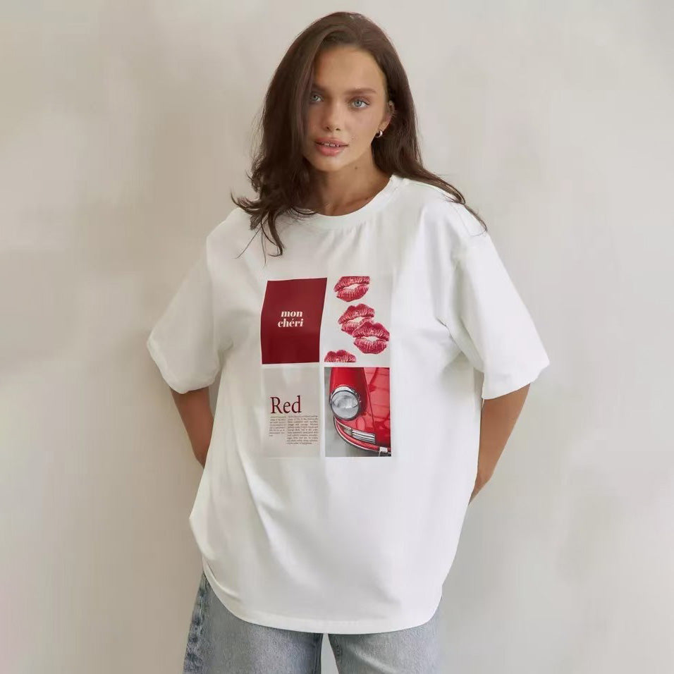 Camiseta informal de algodón con estampado de media manga para mujer