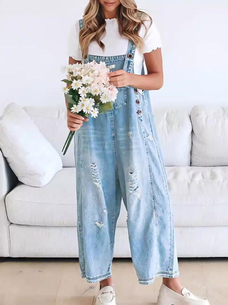 Women Retro Casual Ripped Wide Leg Denim Jumpsuits