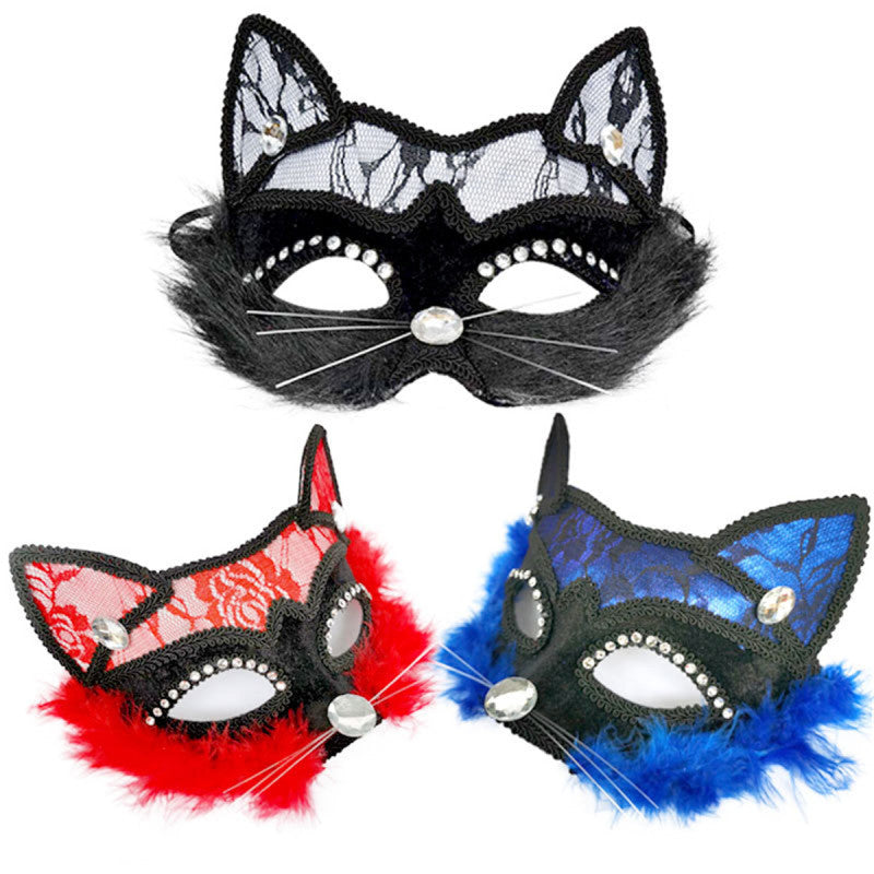 Halloween Lace Animal Cat Diamond Half Face Mask