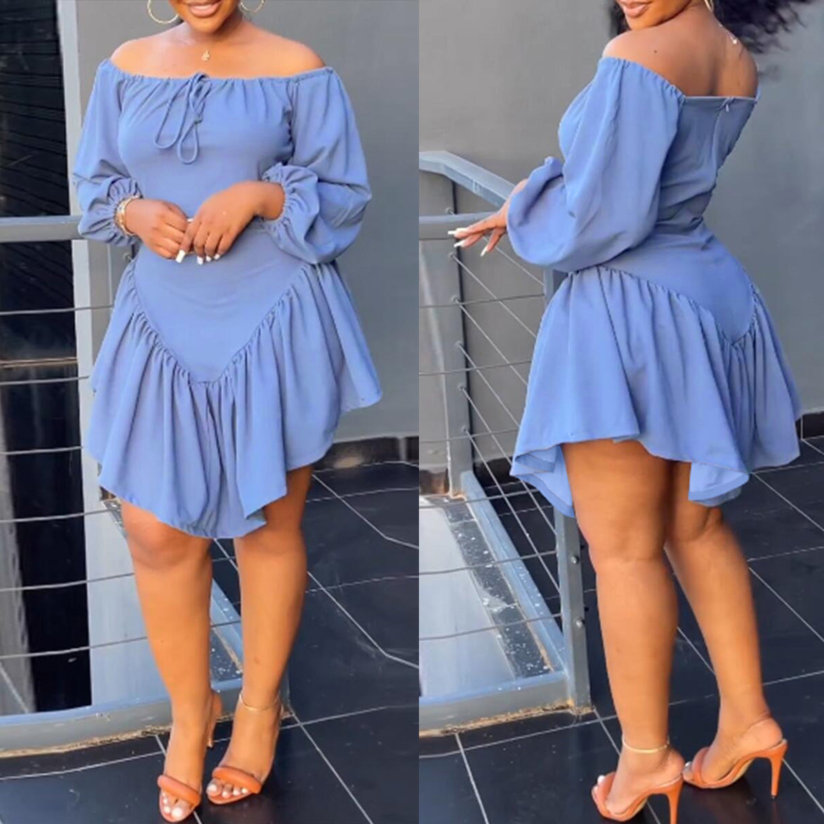Women Fashion Solid Color Shoulder Long Sleeve Dress