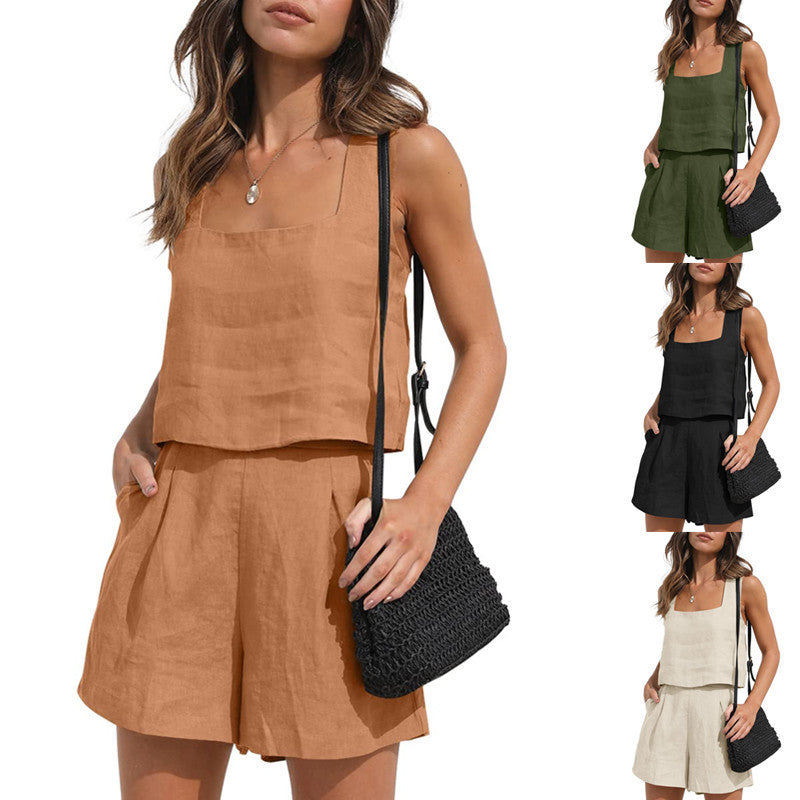 Conjunto de camiseta sin mangas y pantalones cortos de lino liso informal de verano para mujer