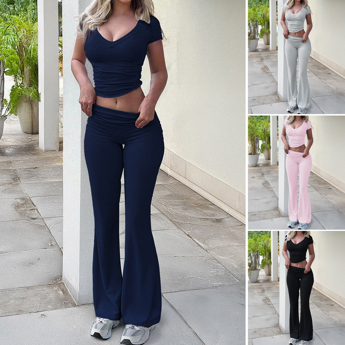 Women Casual Solid Color Two-Piece Set Comfortable Knit Suit
