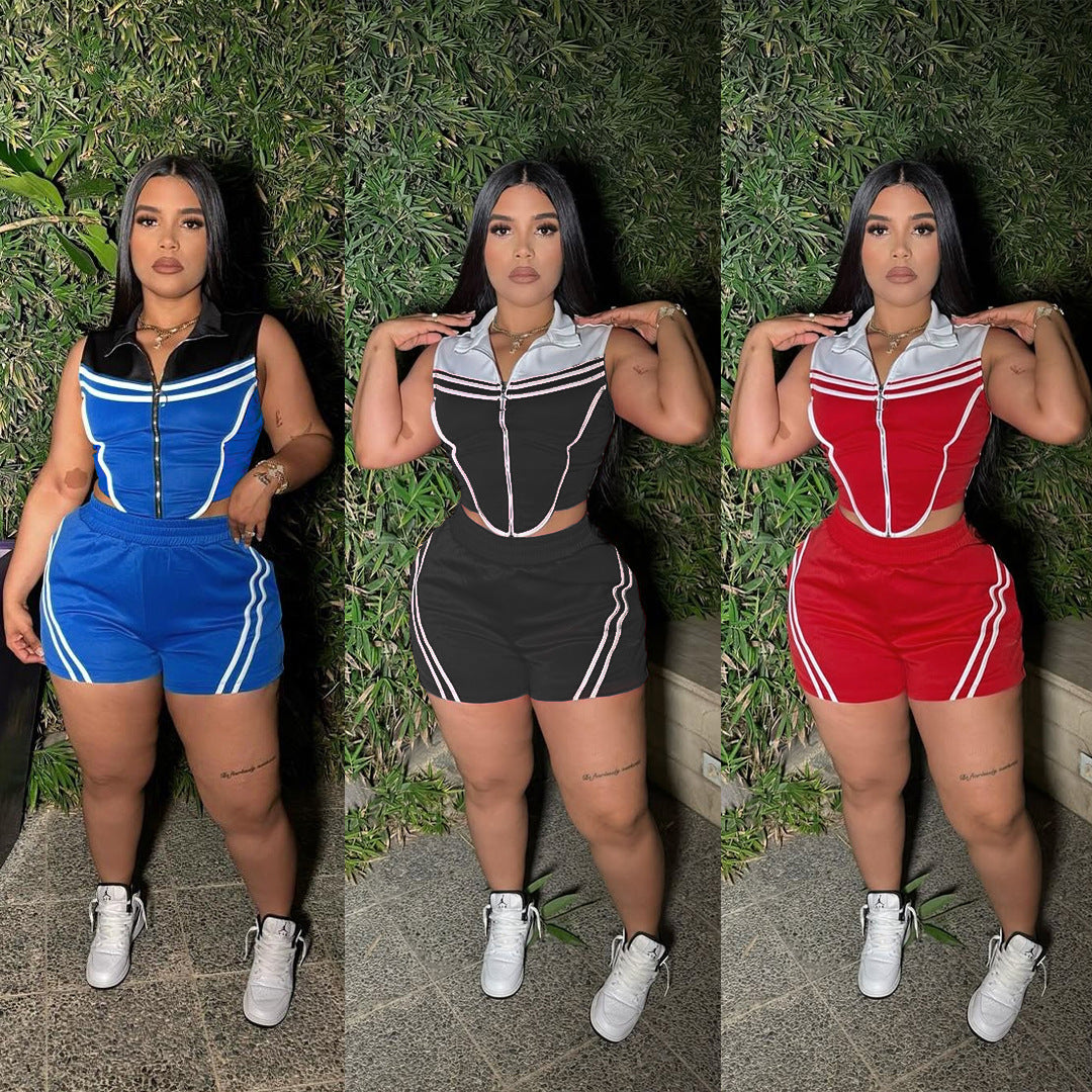 Conjunto de dos piezas de top y pantalones cortos sin mangas con costuras de rayas informales para mujer