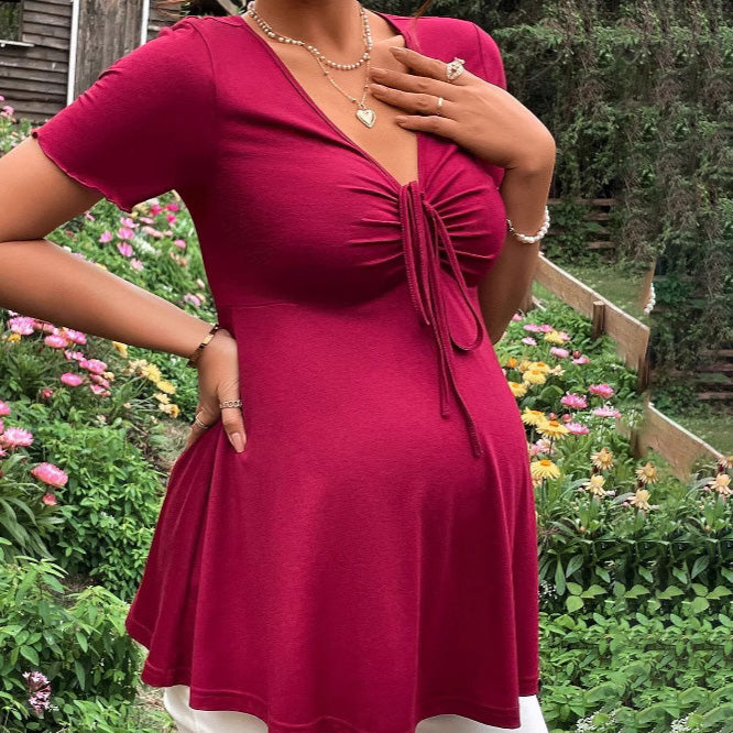 Casual Solid Color V-Neck Short Sleeve Dress