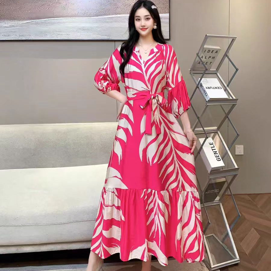Vestido informal de gasa con cuello en V y estampado para mujer