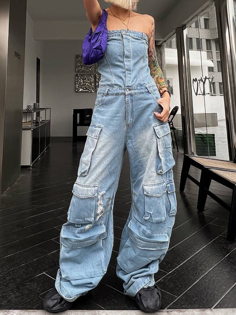Fashion Street Women Strapless Multi-Pocket Denim Jumpsuit