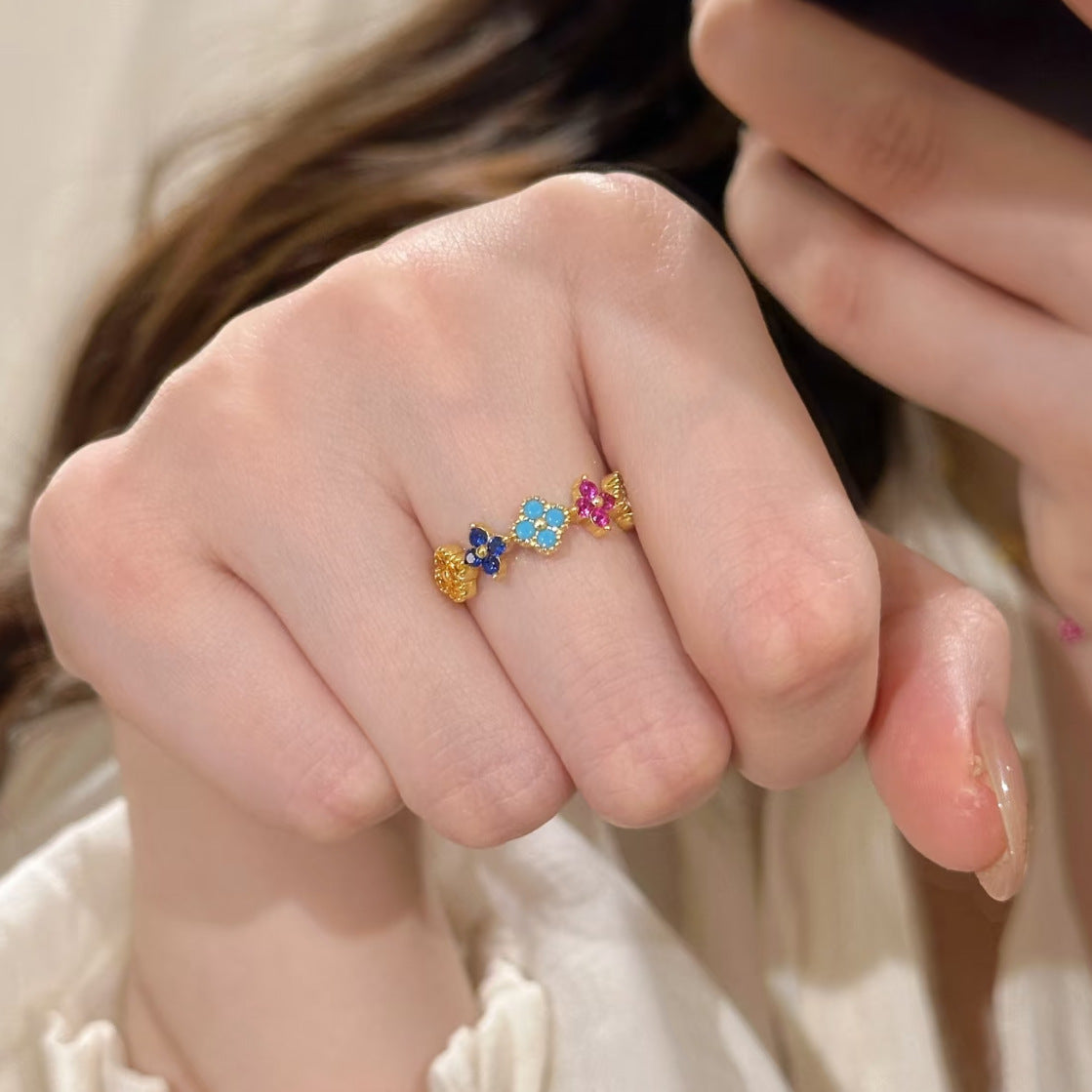 Anillo de trébol de cuatro hojas con circonitas de colores para mujer - Lujoso anillo geométrico de cobre