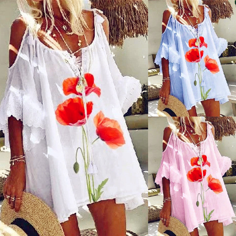 Women Fashion Bohemian Floral Print Vintage V Neck Short Sleeves Ruffled Midi Dress