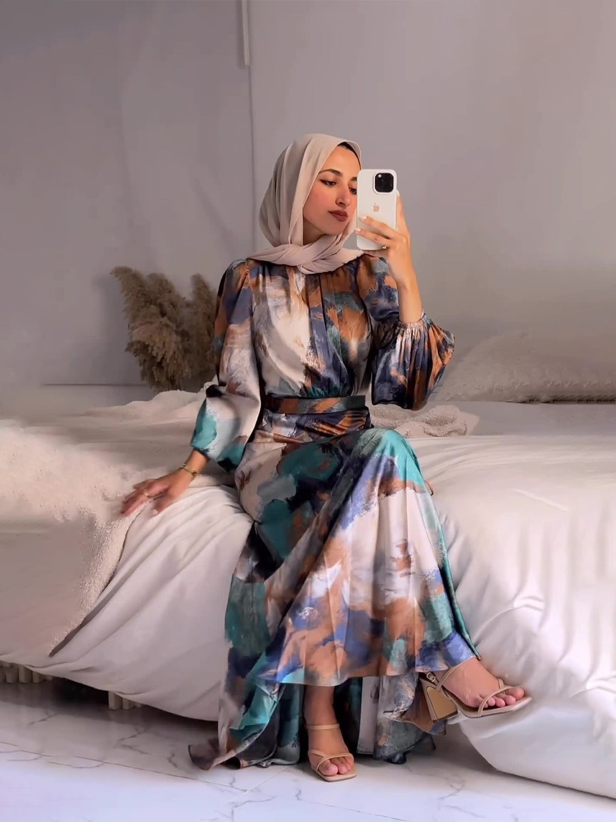 Women Fashion Tie-Dye Pleated Long Sleeve Dress