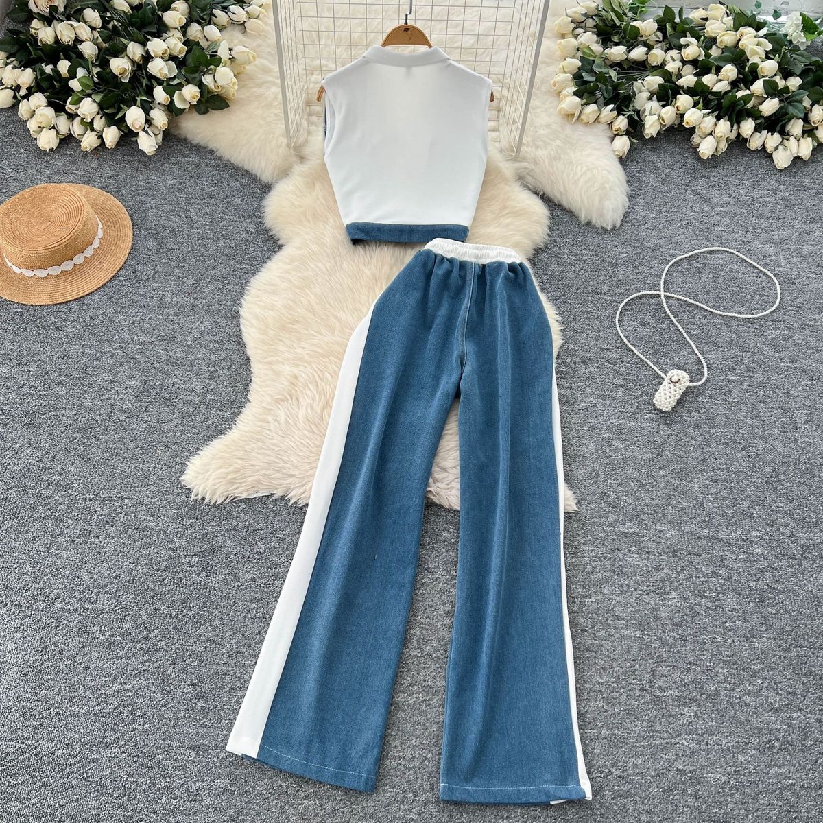 Ensemble débardeur en jean et pantalon large pour femme, mode été