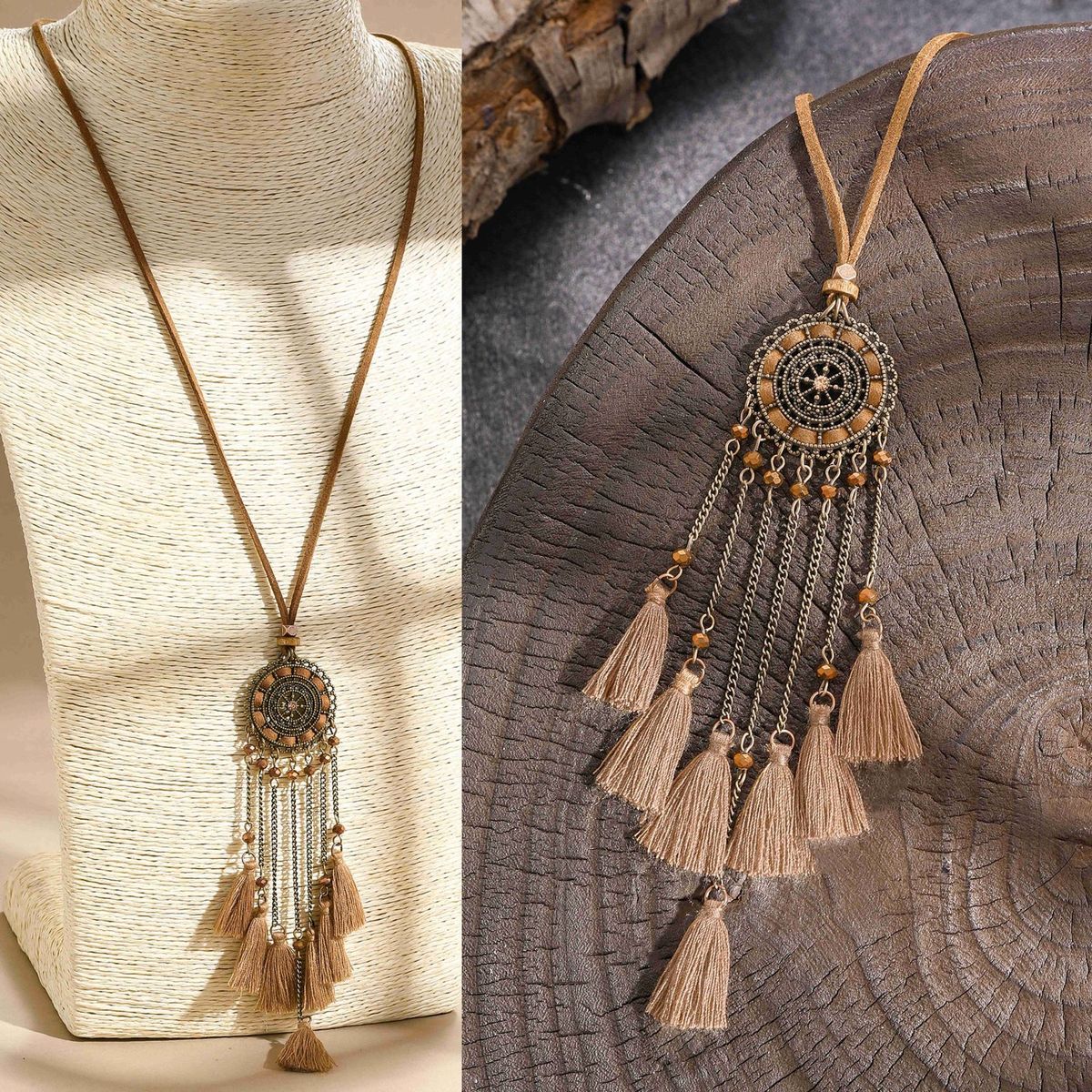 Collar largo con colgante de borla hueca, estilo retro, hecho a mano, para mujer