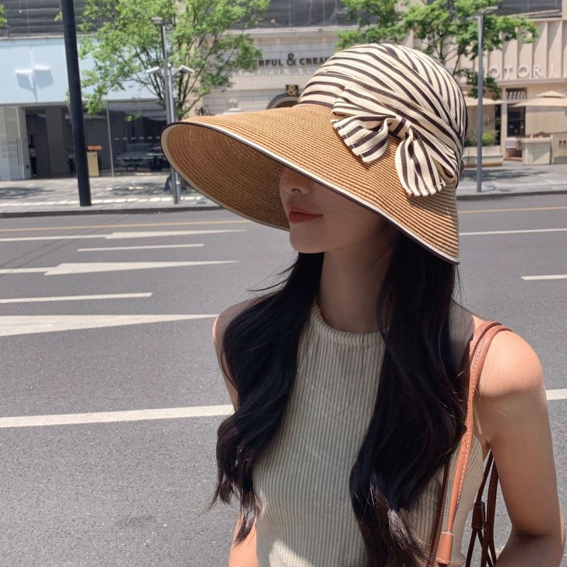 Sombrero de paja tejido con lazo a rayas para mujer, moda de verano