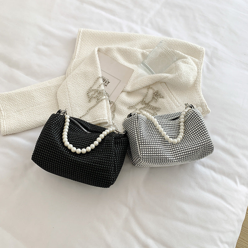 Bolso de cadena de metal con correa de perlas y diamantes de imitación para mujer