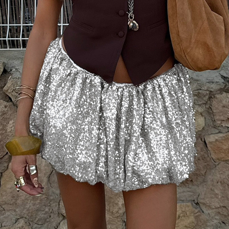 Falda de burbuja de cintura baja con lentejuelas sexy a la moda para mujer