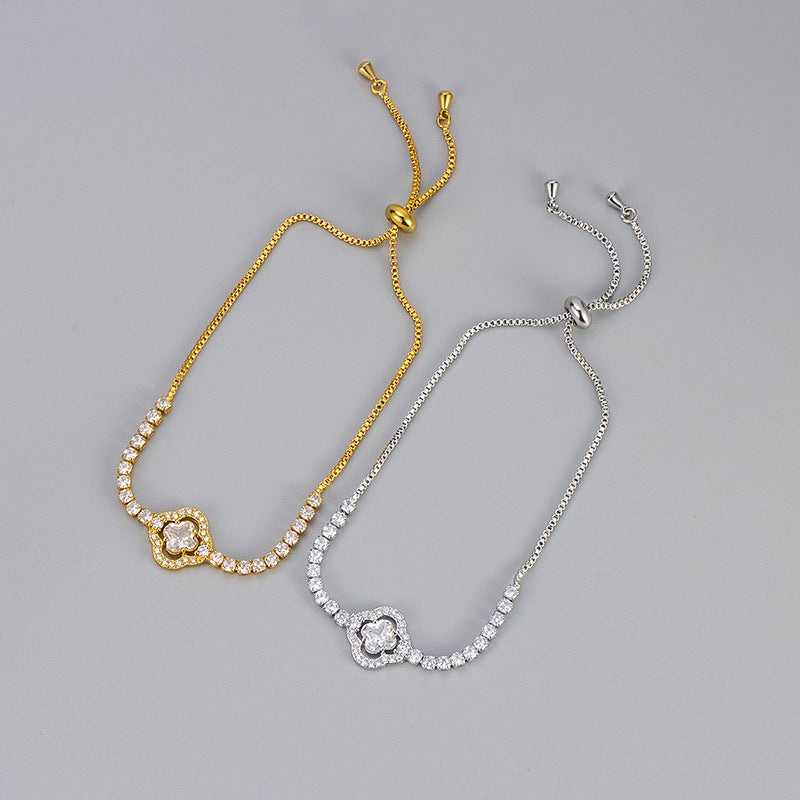 Women Fashion Four-Leaf Flower Zircon Bracelet Copper Style