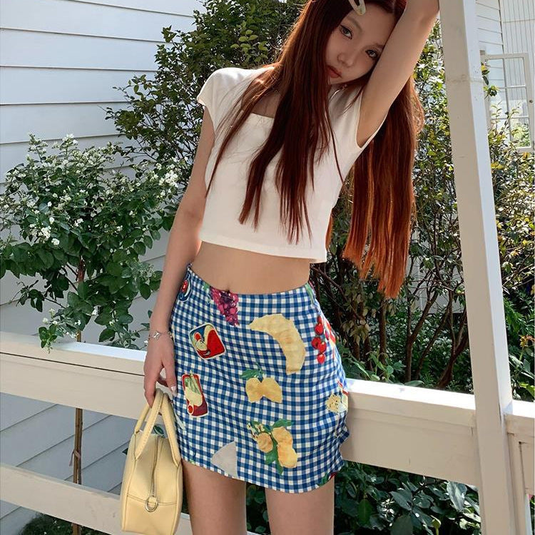 Women Fashion Sexy Plaid Fruit Print Skirt
