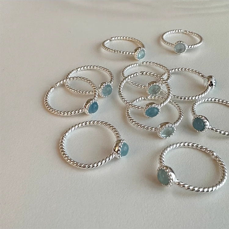 Anillo abierto de plata de ley S925 con aguamarina natural de moda
