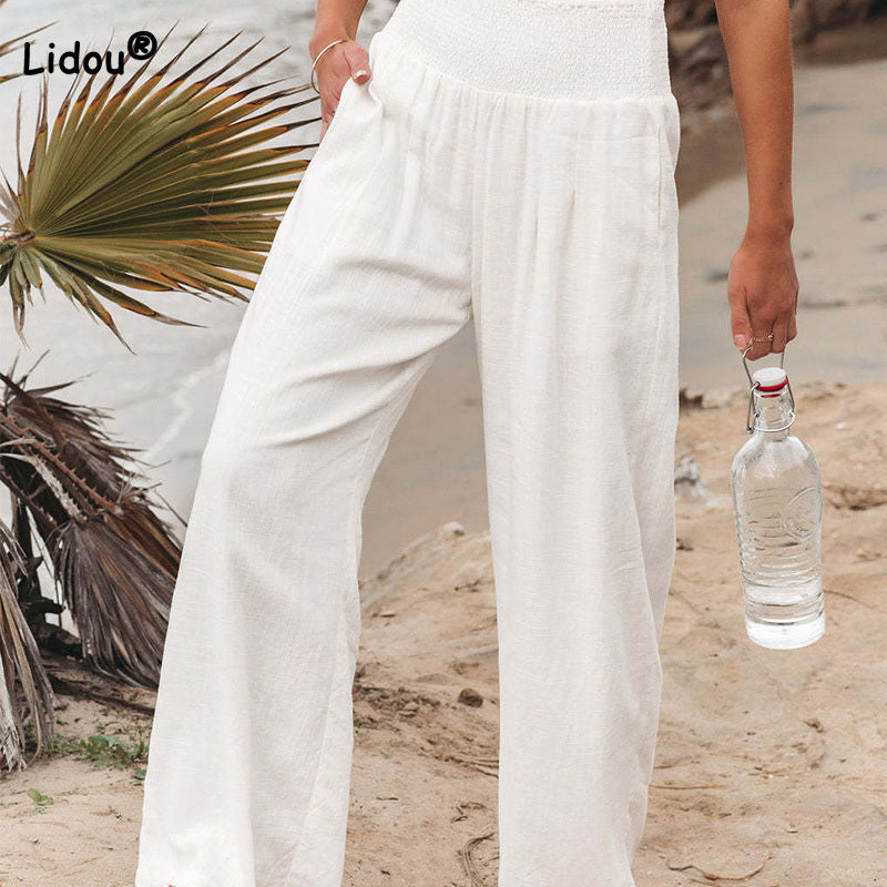 Pantalones anchos de lino y algodón para mujer con bolsillos