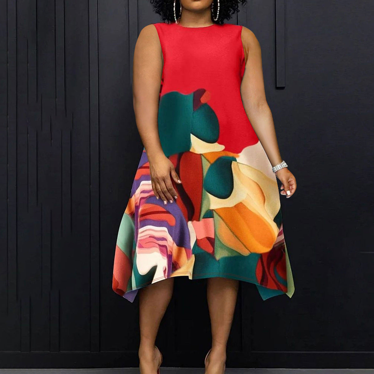 Vestido midi informal sin mangas con cuello redondo y estampado de talla grande para mujer