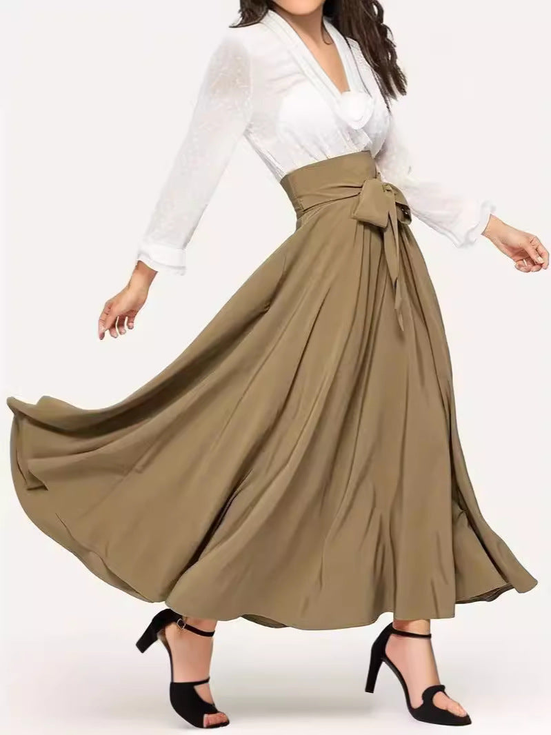 Falda elegante de cintura alta con cordones y color liso para mujer