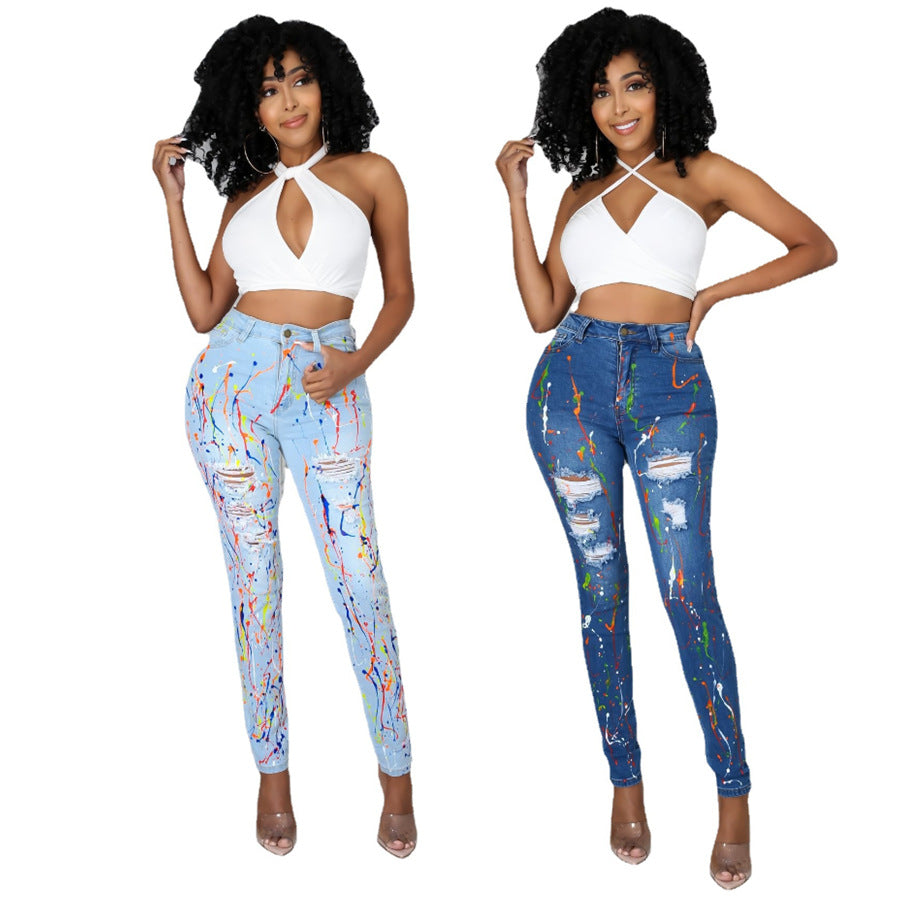 Vaqueros de algodón rasgados con estampado multicolor informal para mujer