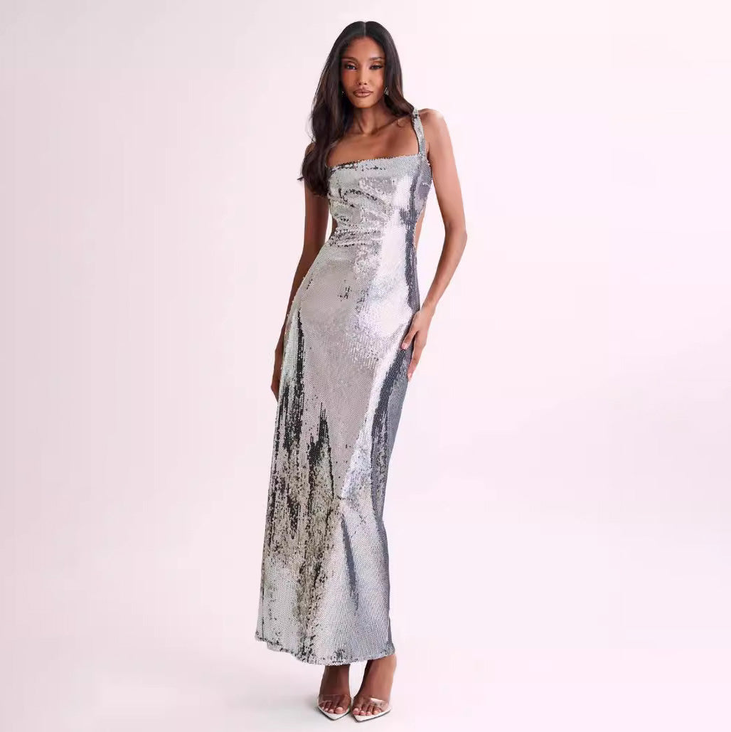 Women Fashion Sexy Sequin Sleeveless Backless Slim Dress