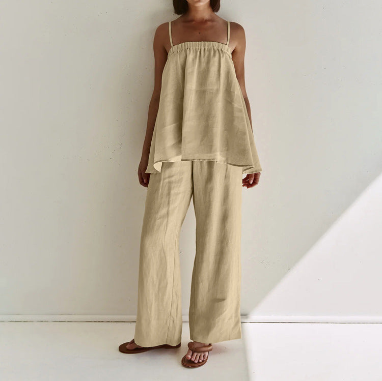 Conjunto de top con tirantes y pierna ancha de color liso a la moda para mujer