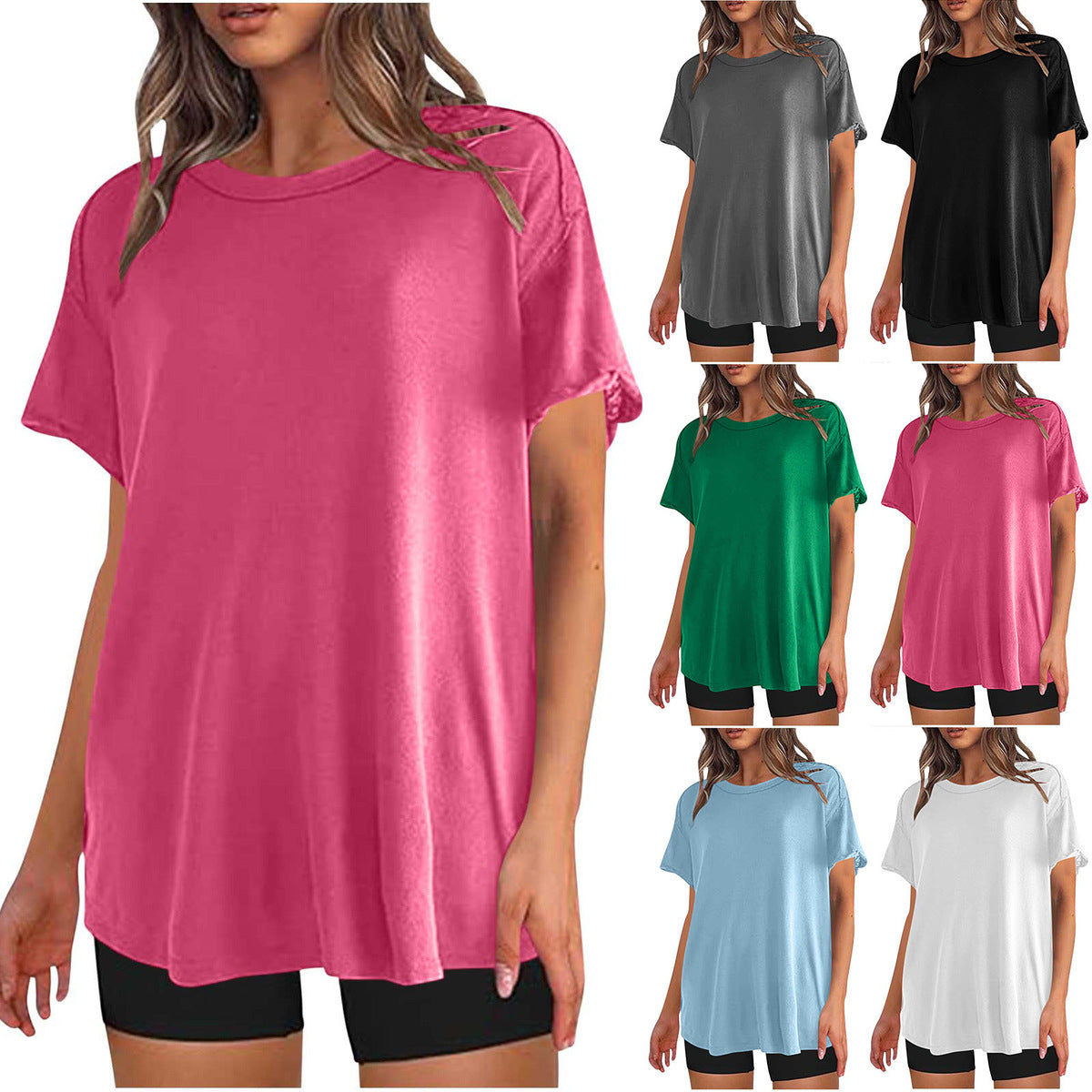 Camiseta holgada de manga corta con cuello redondo y color liso para mujer