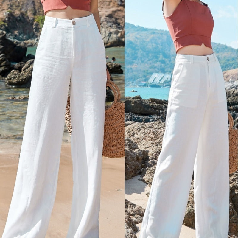 Pantalones anchos de cintura alta de lino y algodón para mujer
