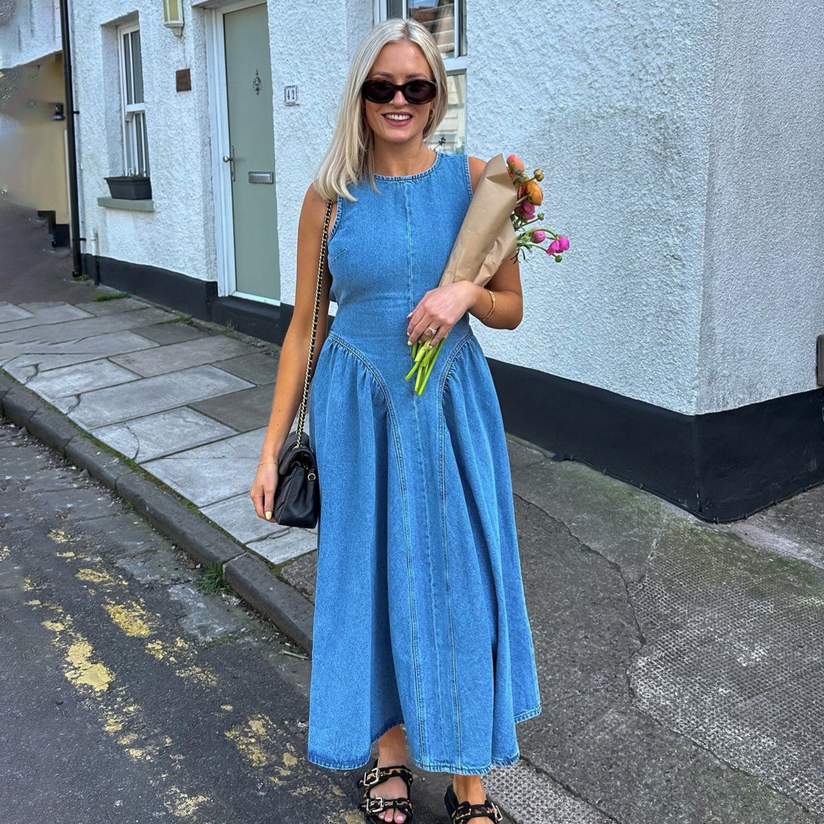 Women Fashion Sexy Solid Color Sleeveless Backless Denim Dress