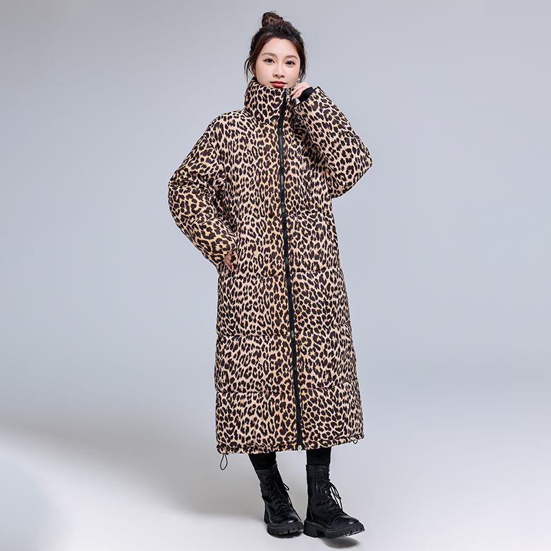 Abrigo largo de invierno con estampado de leopardo, acolchado y mejorado con algodón