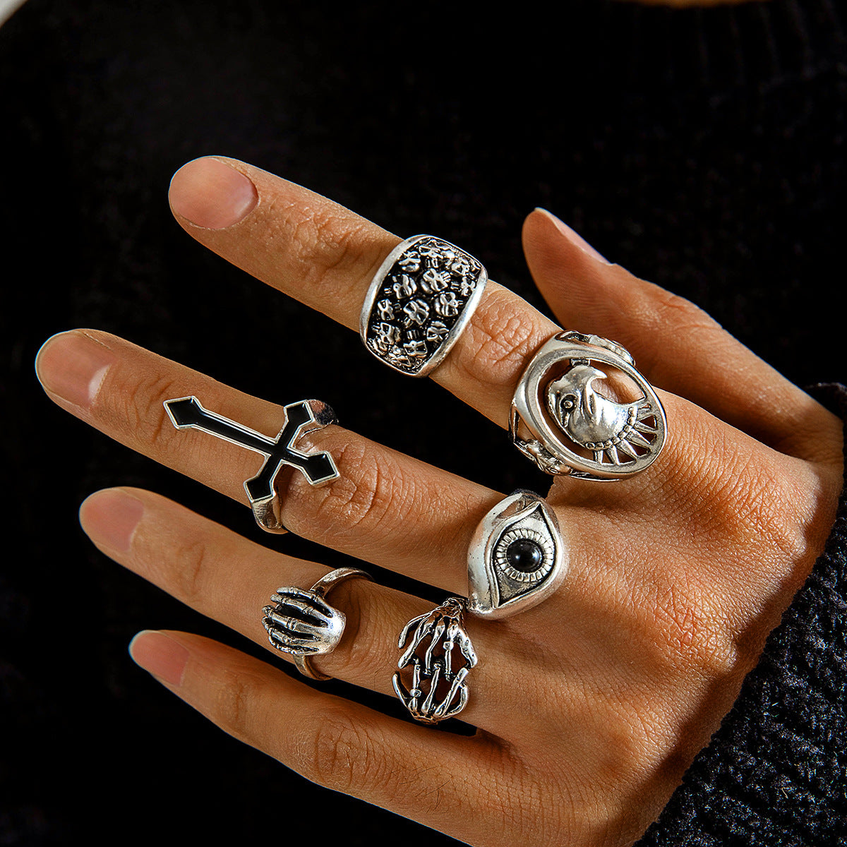 Men Fashion Exaggerated Punk Cross Skull Ring Six-Piece Set