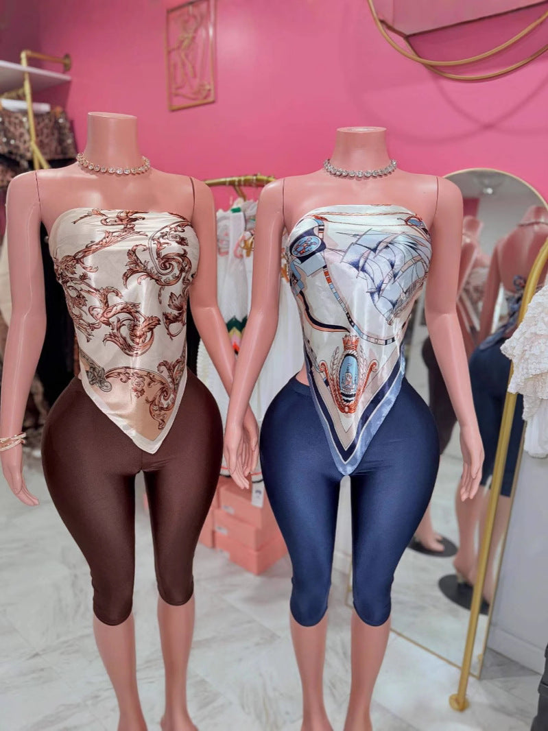 Women Fashion Sexy Printed Tube Top and Tight Pants Set