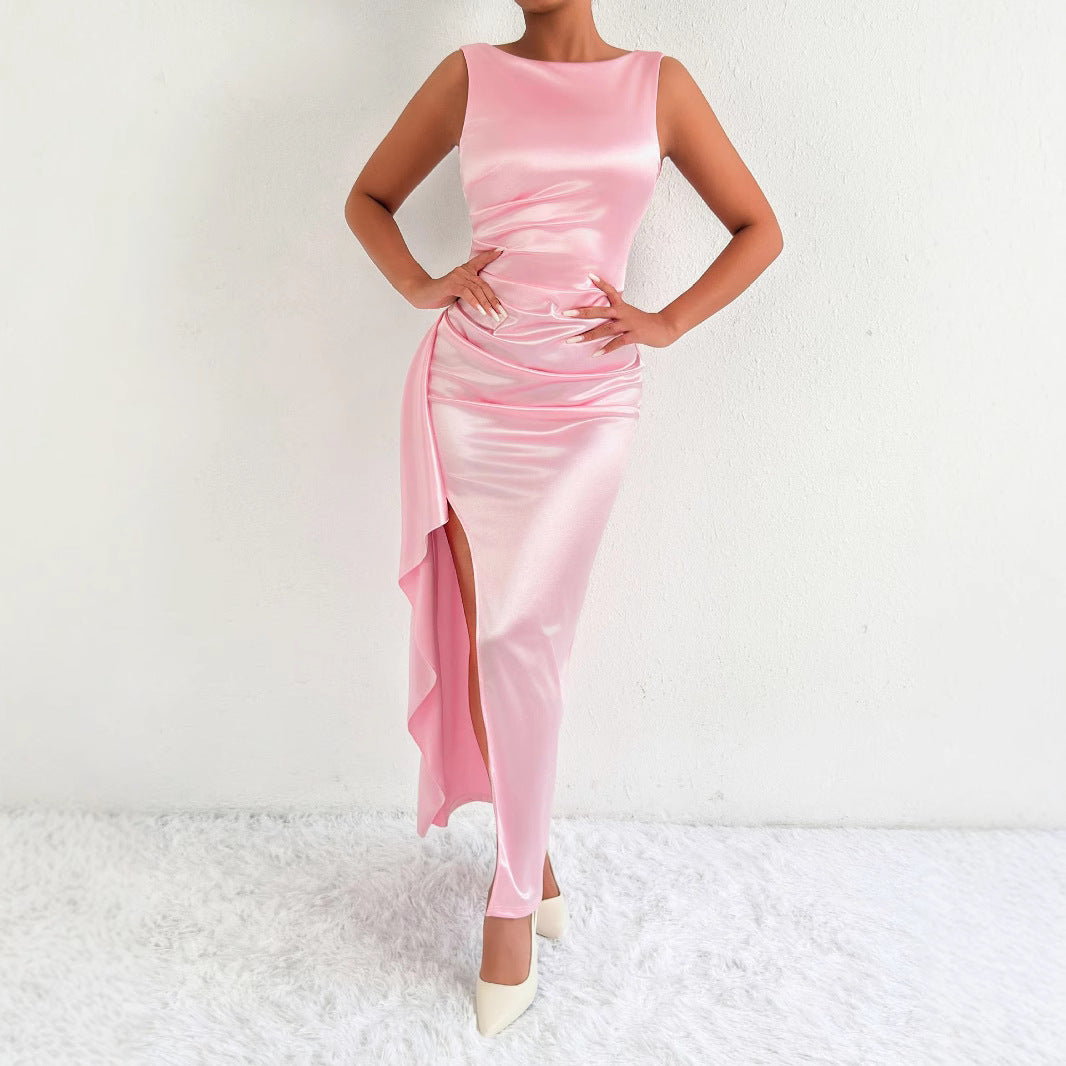 Robe fendue irrégulière sans manches pour femme, couleur unie