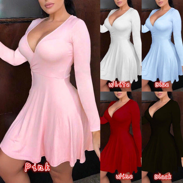 Women Fashion Solid Color Deep V Long Sleeve Dress