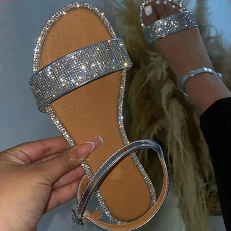 Sandales plates à strass pour femmes à la mode