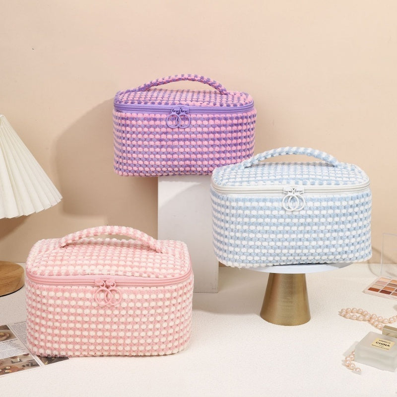 Fleece Plaid Cute Flip Wash Cosmetic Bag