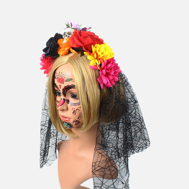 Bandeau d'Halloween en toile d'araignée avec rose rouge et noire