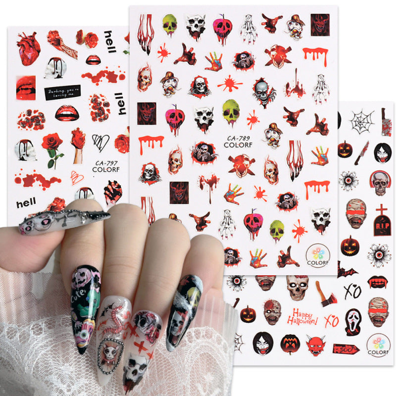 Autocollants adhésifs pour ongles Motif tête de mort et sorcière rouge pour Halloween