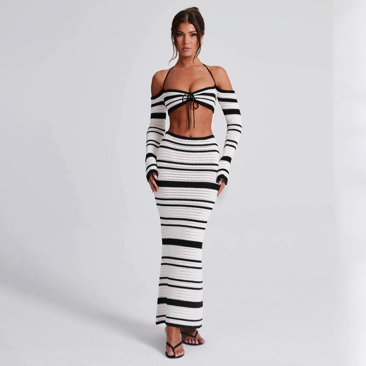 Women Fashion Sexy Stripe Halter-Neck Top Set