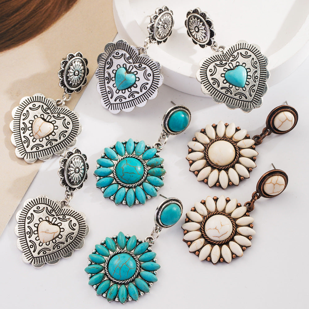 Boucles d'oreilles rétro en forme de cœur turquoise exagéré pour femme - Bijoux bohèmes vintage